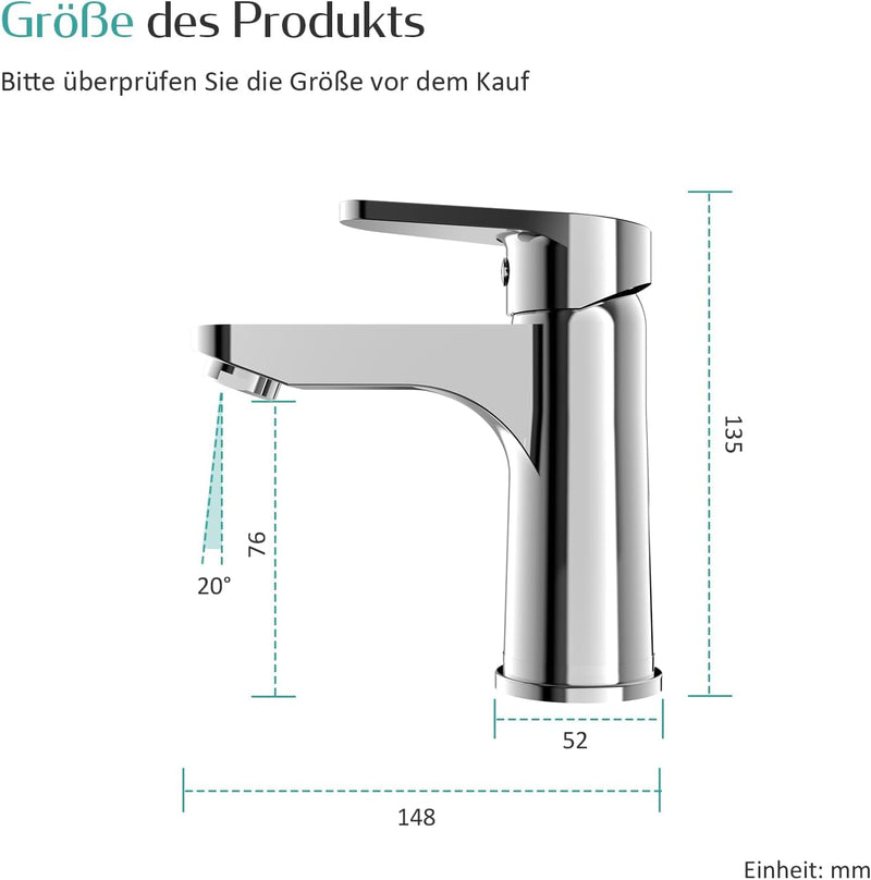 EMKE Waschtischarmatur Chrom, Badarmatur Wasserhahn Bad mit Auslaufhöhe 76 mm, Mischbatterie wassers