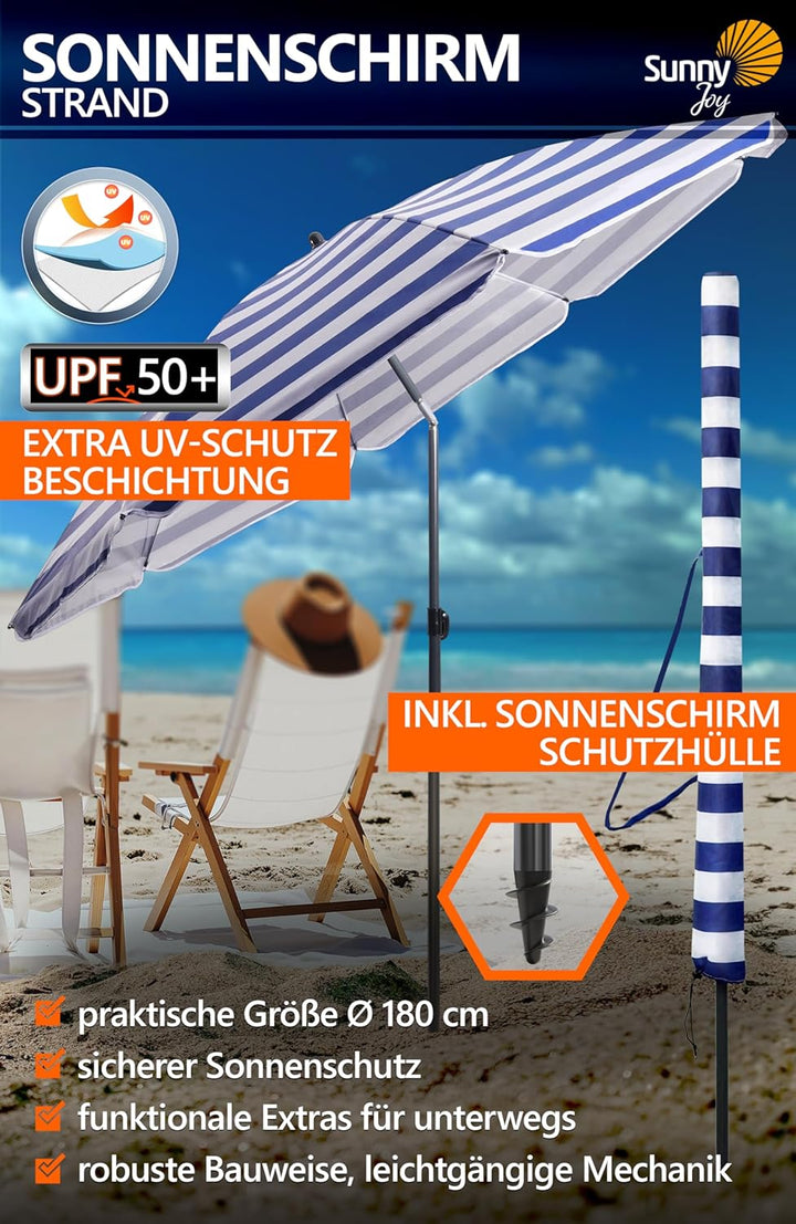 4smile Strandschirm SunnyJoy, Ø 180 cm Blau-Weiss - UPF 50+ Sonnenschirm Strand mit Hülle, Sonnensch