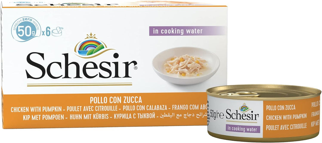 Schesir Cat Natural Hühnerfilet mit Kürbis, Katzenfutter nass im eigenen Saft, 8 x 6 Dosen x 50 g Na