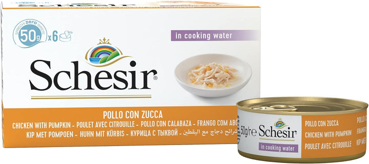 Schesir Cat Natural Hühnerfilet mit Kürbis, Katzenfutter nass im eigenen Saft, 8 x 6 Dosen x 50 g Na
