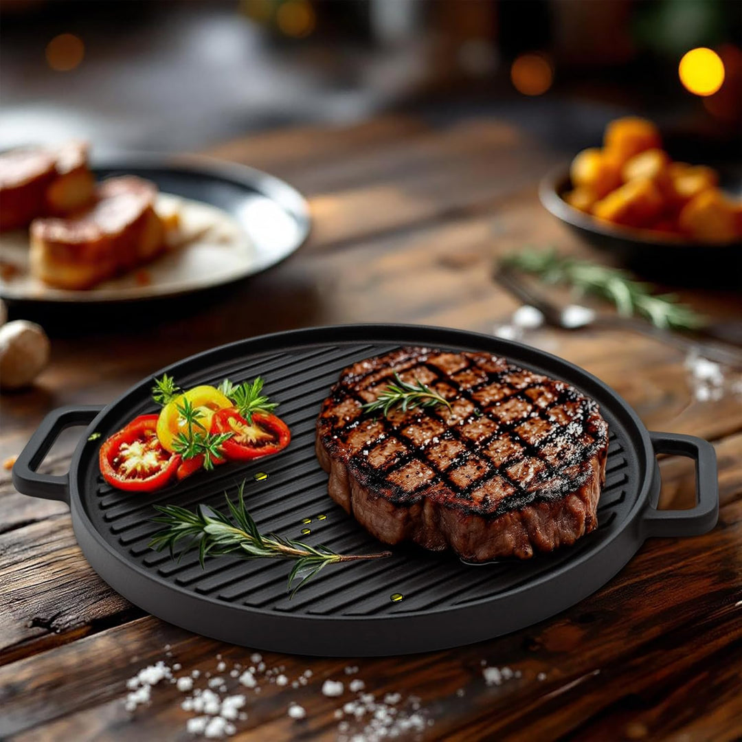 Spetebo Gusseisen Grillplatte 30 cm - Gusspfanne mit Griff rund - Grill Pfanne Bratpfanne Platte Ind