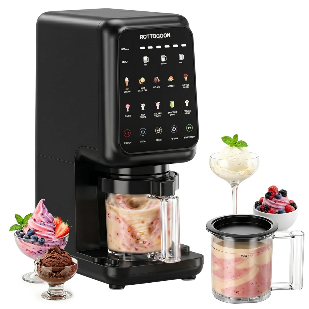 ROTTOGOON Eismaschine mit 3 Bechern 10 Programme für Eiscreme Sorbet Gelato & Frozen Yogurt 2-in-1 G