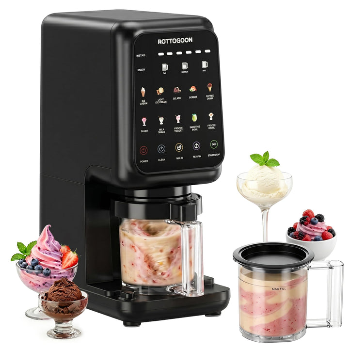 ROTTOGOON Eismaschine mit 3 Bechern 10 Programme für Eiscreme Sorbet Gelato & Frozen Yogurt 2-in-1 G