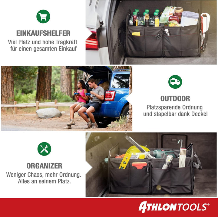 ATHLON TOOLS Premium Kofferraumtasche mit Deckel - 60 Liter XXL Kofferraum-Organizer - Extra stabile