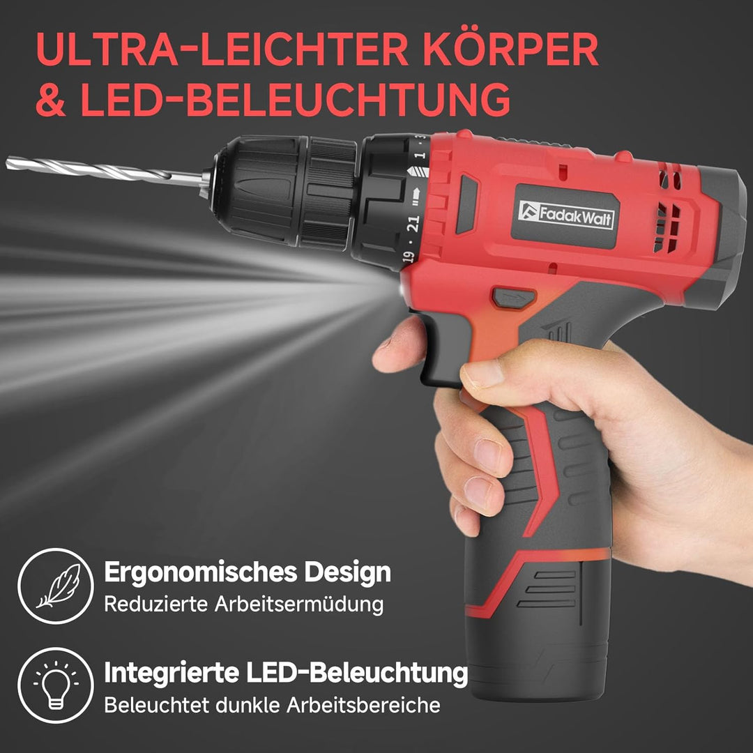 Akkuschrauber Klein, Akku Bohrmaschine 12V, FADAKWALT Mini Akkuschrauber mit 50-tlg Zubehör, 21+1 Dr