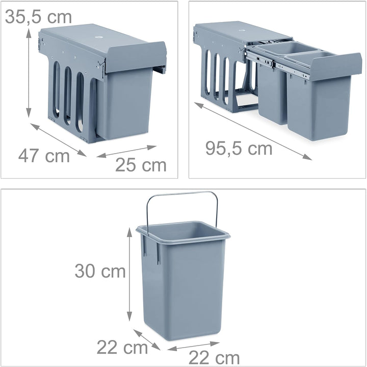 Relaxdays Einbaumülleimer Küche, Auszug, Duo je 8 l, Müllsystem Unterschrank, Kunststoff, HxBxT: 35,