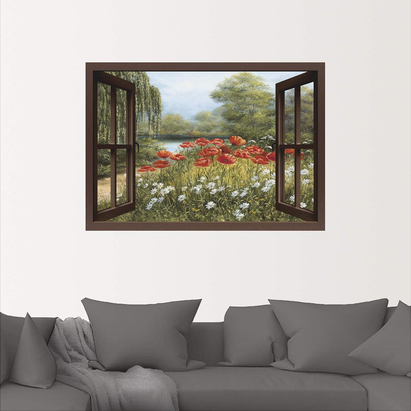 ARTland Wandbild selbstklebend Vinylfolie 100x70 cm Fensterblick Landschaft Blumen Mohnblumen See Bl