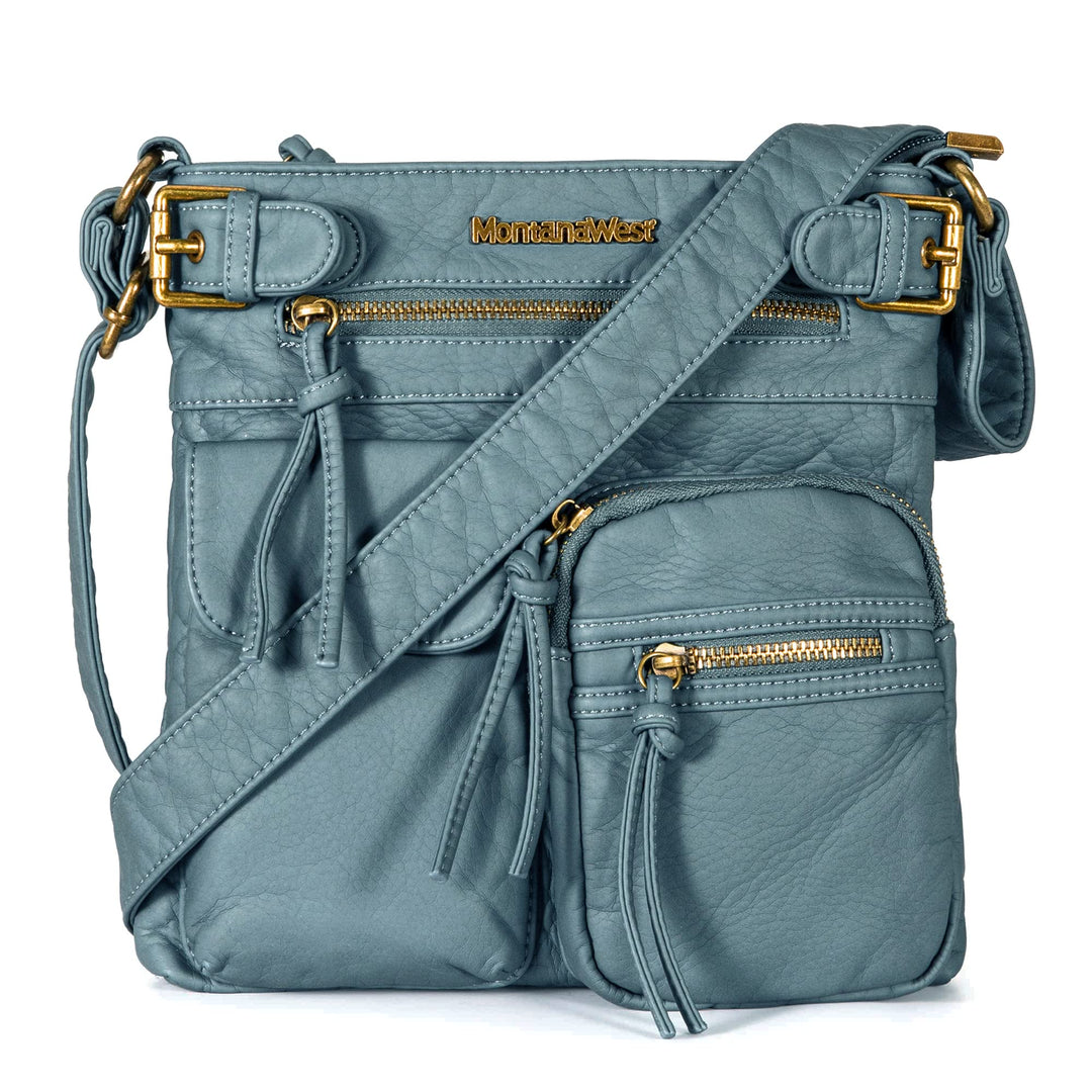 Montana West Damen Echtes Leder Tragetasche, Klassisch-blaue Jeans