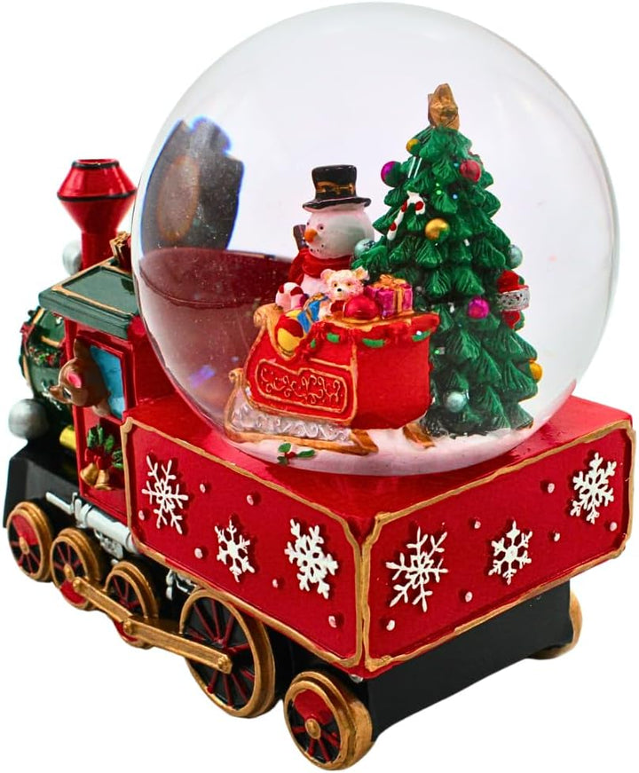 Schneekugel als Lokomotive mit Spielwerk, Schneemann, Weihnachtsmann und Tannenbaum, Sockel als Lok,