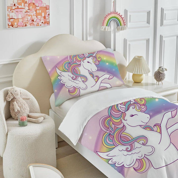 Bettbezug 90 x 190 cm, für Kinder, Mädchen, Bettwäsche für Einzelbett, Rosa, Regenbogen, Einhorn – M