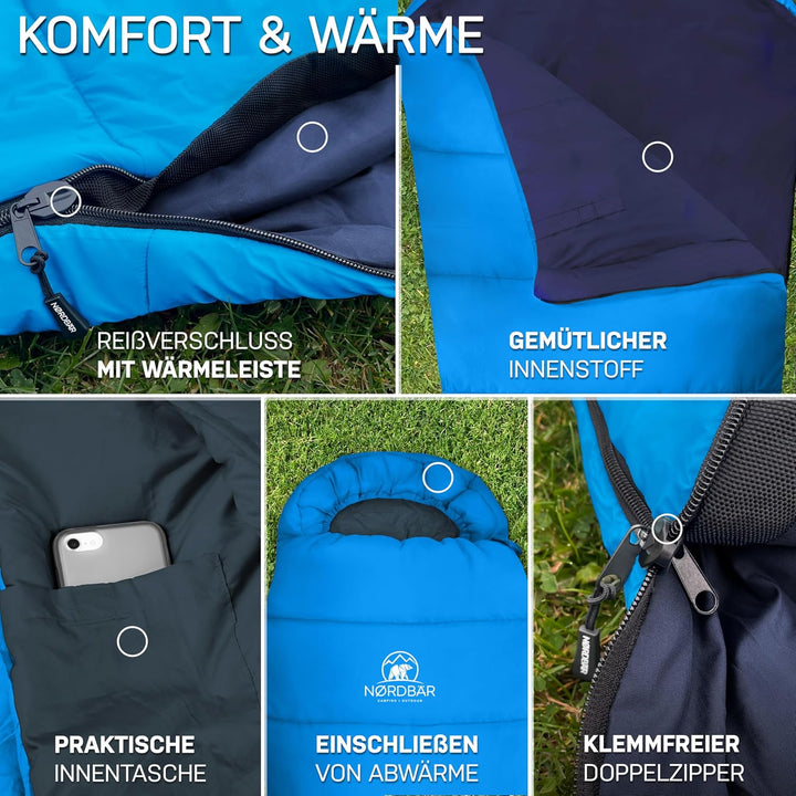 NORDBÄR® Schlafsack 3 Jahreszeiten & Sommer Ultraleicht [750g/1500g] | Camping Mumienschlafsack | kl
