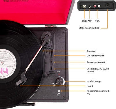 Denver VPL120 Plattenspieler mit Eingebauten Lautsprechern, Tragbaren Schallplattenspieler mit Aux E