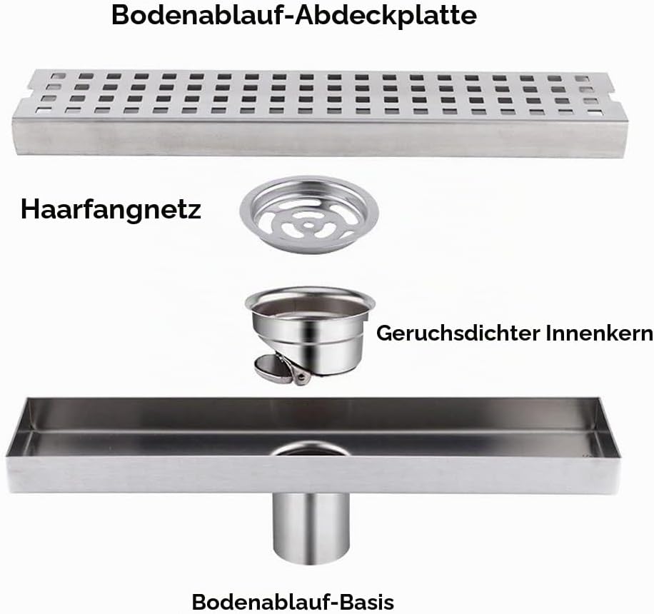 WOLFBIRD 30CM Duschrinne Edelstahl Ablaufrinne Bodenablauf,Selbstreinigender Siphon mit Geruchsstop,