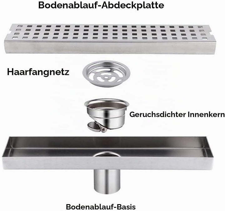 WOLFBIRD 30CM Duschrinne Edelstahl Ablaufrinne Bodenablauf,Selbstreinigender Siphon mit Geruchsstop,