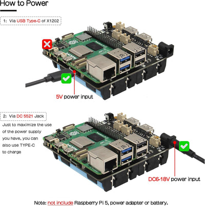 Geekworm Raspberry Pi 5 UPS (X1202), 4-Cell 18650 UPS (Max 5.1V 5A Output) with Wide 6-18V Input | A