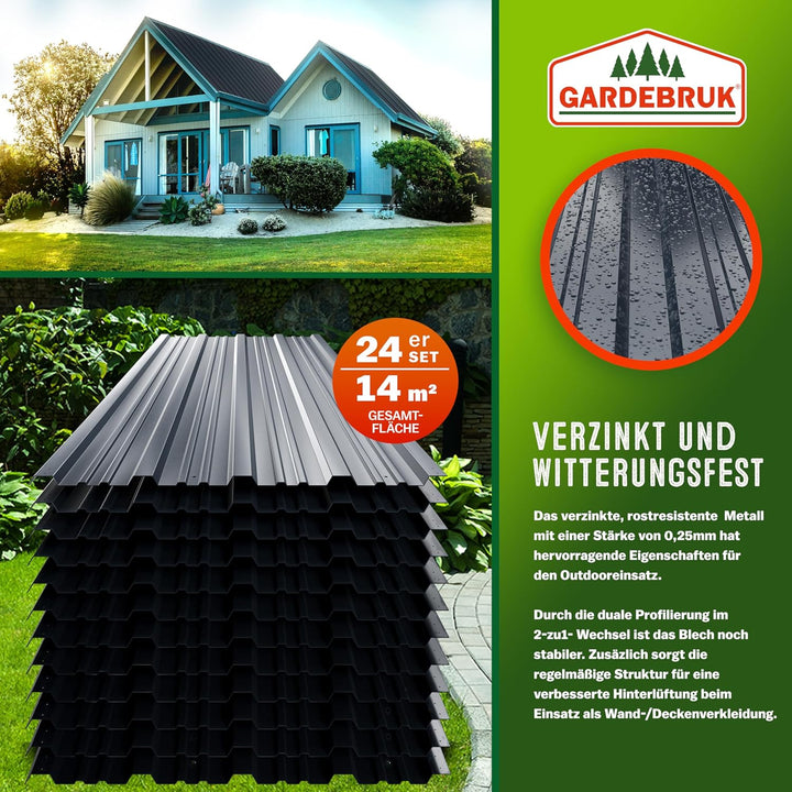 GARDEBRUK® 24x Trapezblech 129x46cm = 14m² verzinkt Profilblech Dachblech Wellblech Dachplatten Gerä