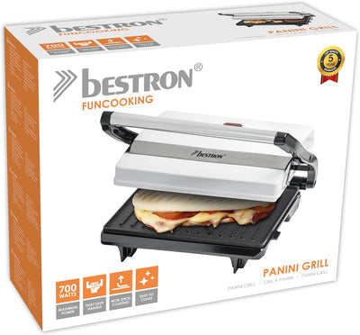 Bestron Kontaktgrill mit Auffangschale, Sandwichmaker mit Cool-Touch-Handgriff, Paninimaker mit Anti