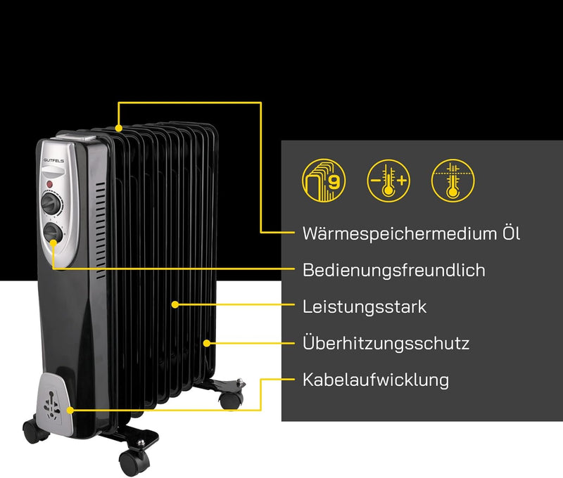 Gutfels HR 32009 sw Öl-Radiator | 3 Heizstufen | 9 Rippen | 2000 Watt Leistung | Schwarz, 5050075