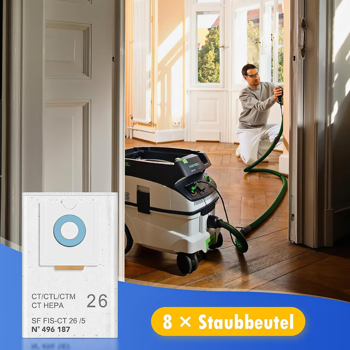 8 Stück 496187 Staubbeutel für Festool SELFCLEAN CT 26 / CTM 26 E/CTL 26 E CLEANTEC Serie Absaugmobi