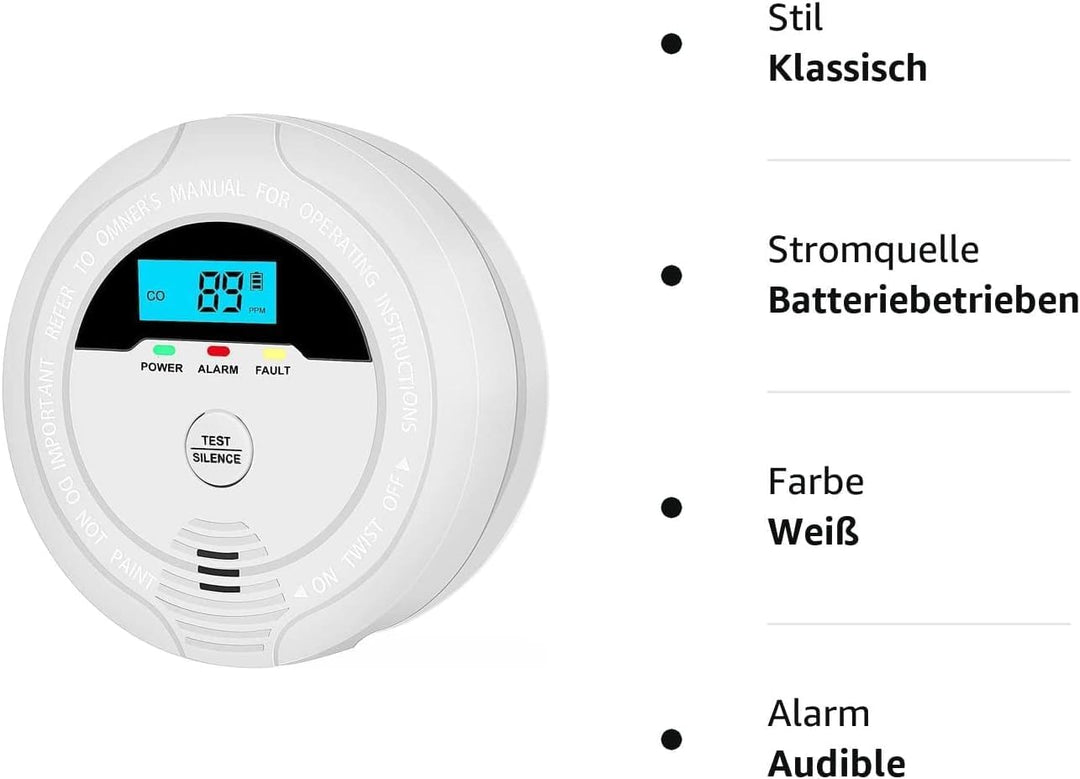Kohlenmonoxid-Detektor, CO-Detektor mit digitaler LCD-Anzeige und akustischen Alarmen Carbon Monoxid