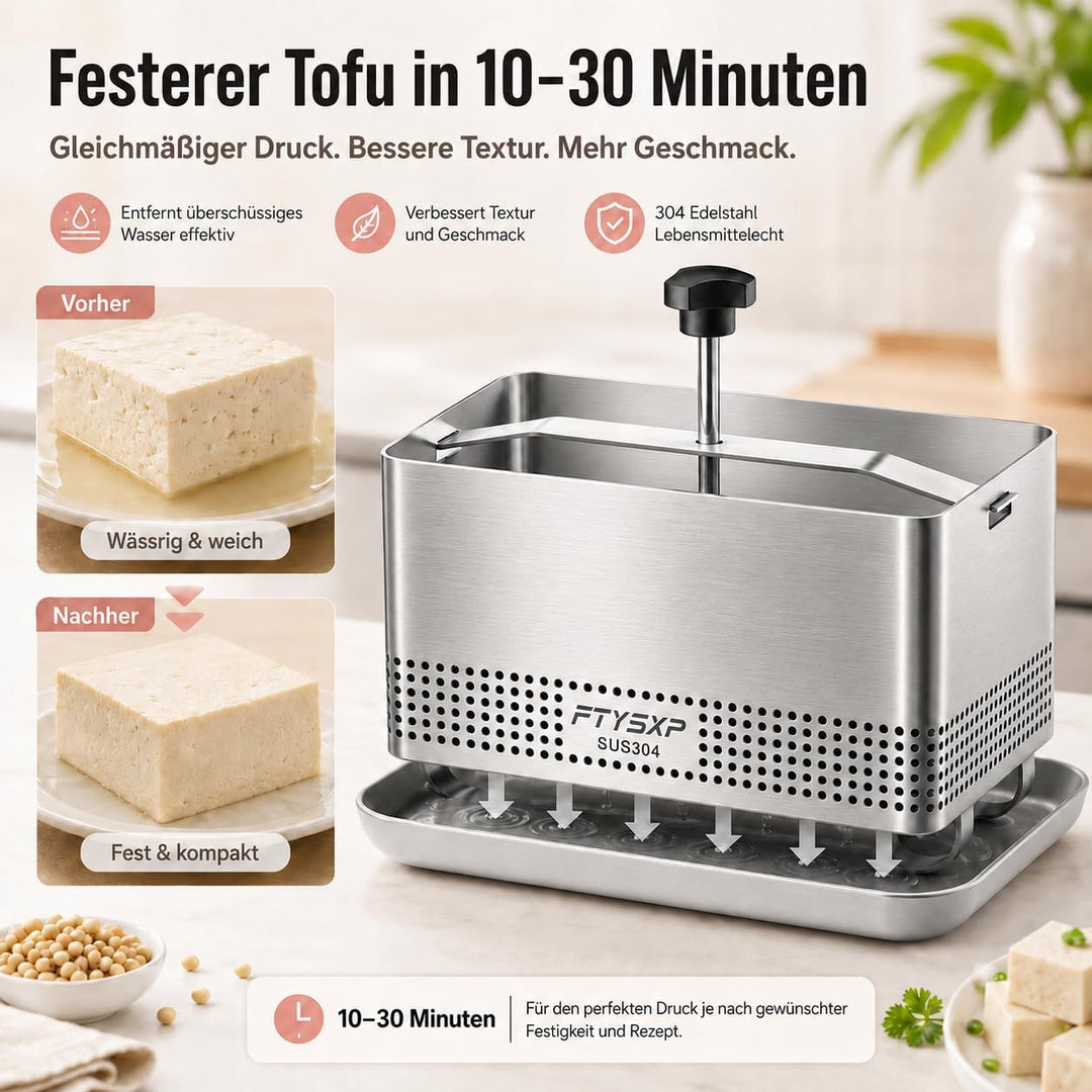 Tofupresse Edelstahl 304, verstellbare Tofu Presse mit Abtropfschale & Käsetuch, BPA-frei, spülmasch