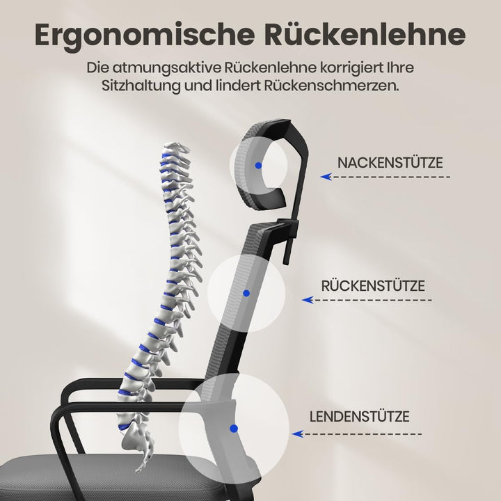 naspaluro Bürostuhl Ergonomisch, Schreibtischstuhl mit Verstellbarer Kopfstütze, Hochklappbaren Arml