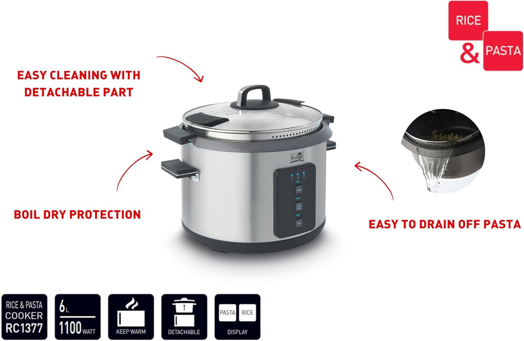 FRITEL Pasta - Reiskocher RC 1377 - Elektrischer Wasserkocher/Dampfgarer - 6 l - 1100 W - 3 Funktion