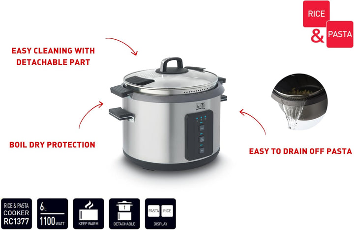 FRITEL Pasta - Reiskocher RC 1377 - Elektrischer Wasserkocher/Dampfgarer - 6 l - 1100 W - 3 Funktion