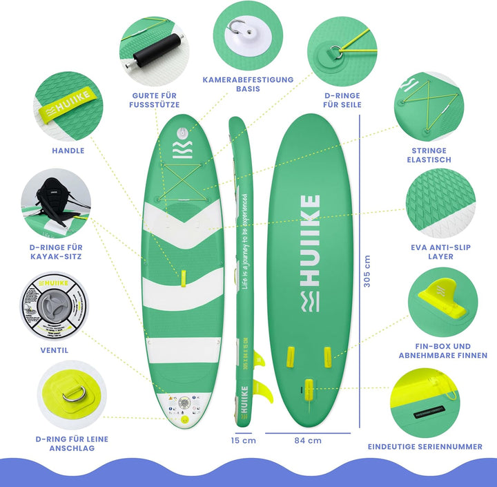 HUIIKE Stand Up Paddling Board mit Zubehör, Paddel, Finnen, Pumpe. Paddle Sup Board Aufblasbar Hohe