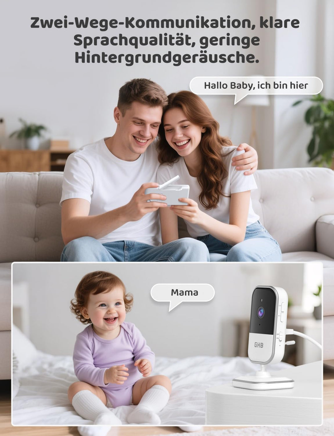 GHB Babyphone mit Kamera 5 Zoll IPS-Display 720P 5000 mAh VOX-Energiesparmodus 4X Zoom Nachtsicht Zw