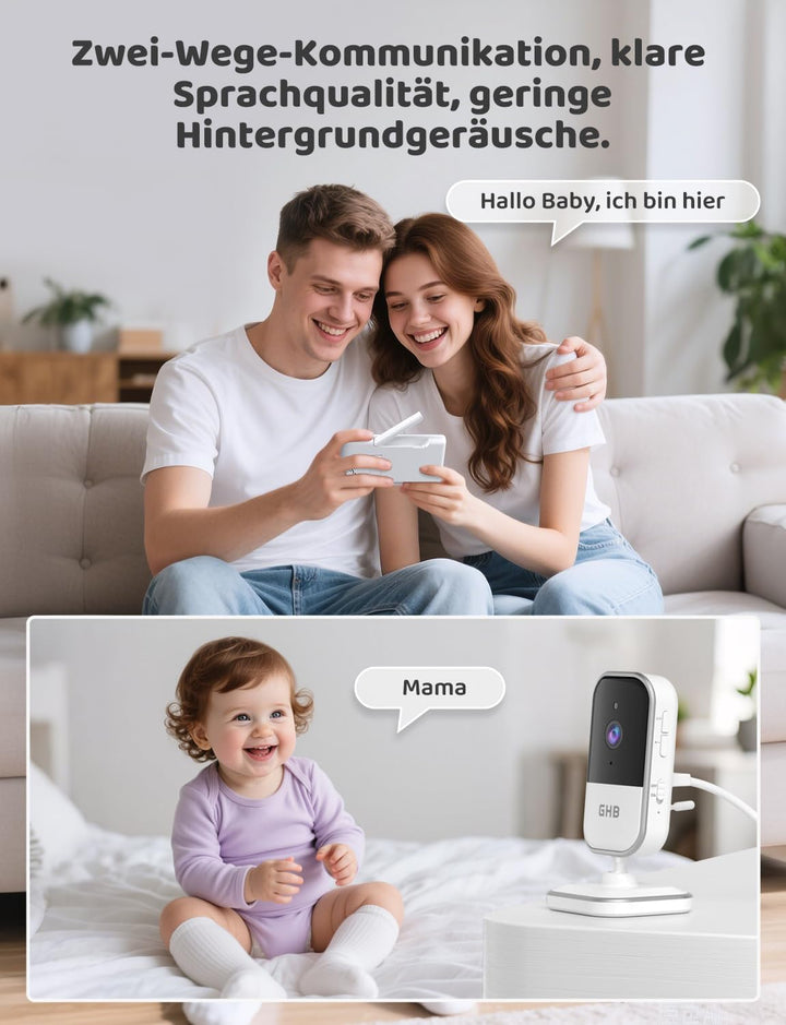 GHB Babyphone mit Kamera 5 Zoll IPS-Display 720P 5000 mAh VOX-Energiesparmodus 4X Zoom Nachtsicht Zw