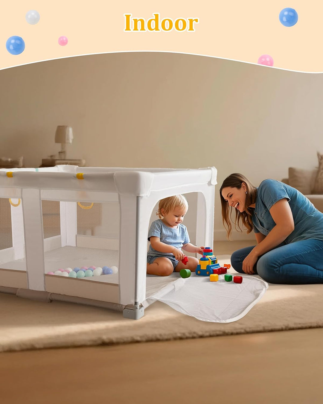 Grosser und Faltbarer Laufstall für Baby: 127 x 127 x 70 cm Playpen,für Drinnen und Draussen,mit 20