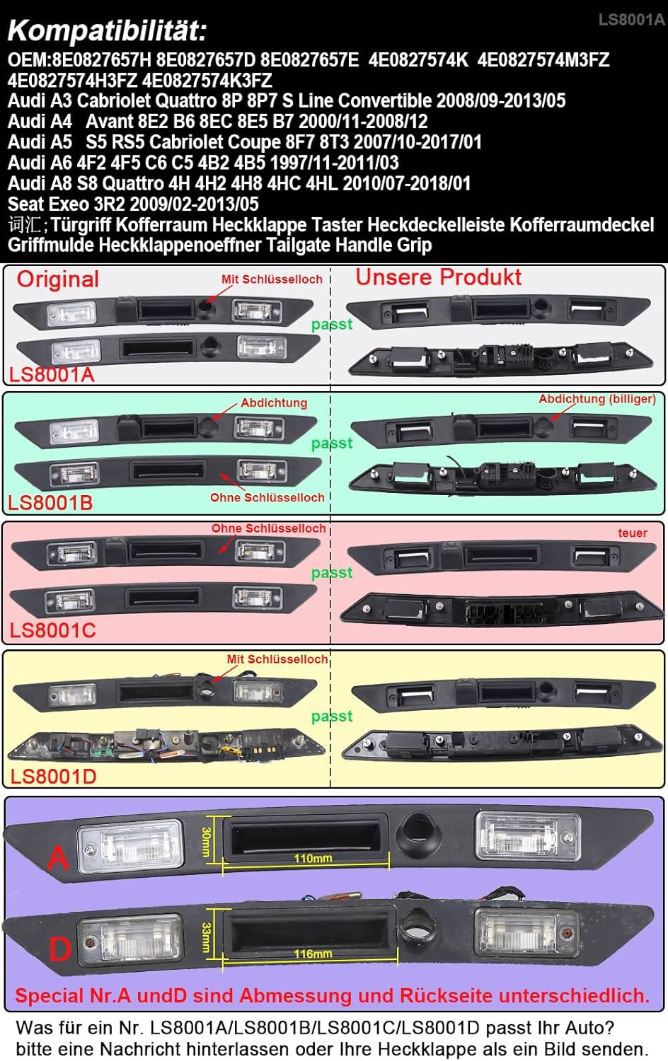 1280 * 720 Pixels Trunk Lid Grip Auto Rückfahrkamera Griffleiste Mit Taster Kofferraum Heckklappengr