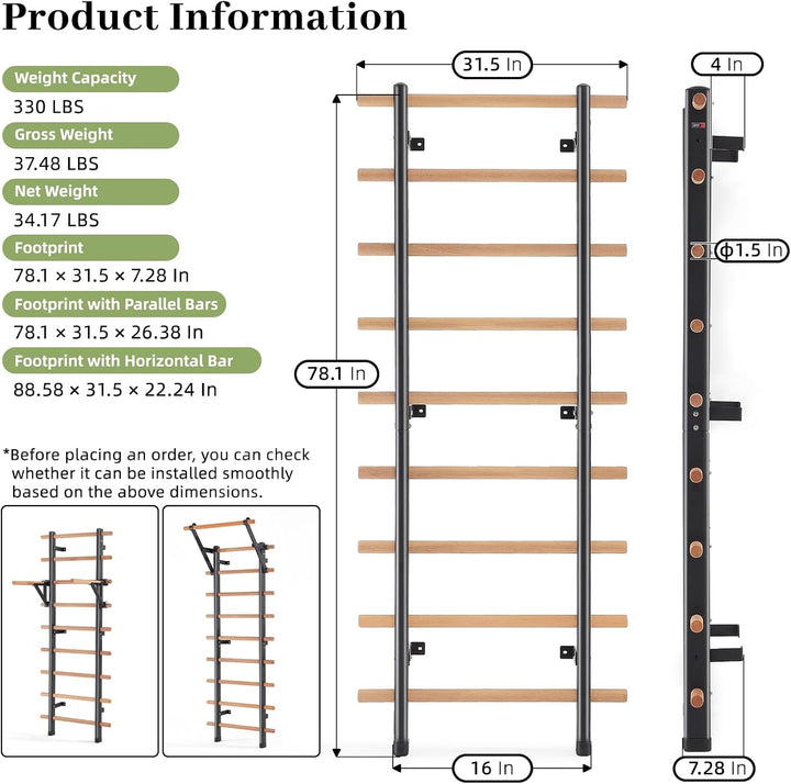 DHT Schwedenleiter Wandstangen Stall Bar Suspension Trainer mit 9 strategischen Stangen für Fitness