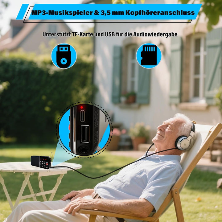 Kleines Digitalradio, Mini FM Radio mit Autosuche, eingebauter wiederaufladbarer Akku und MP3-Wieder
