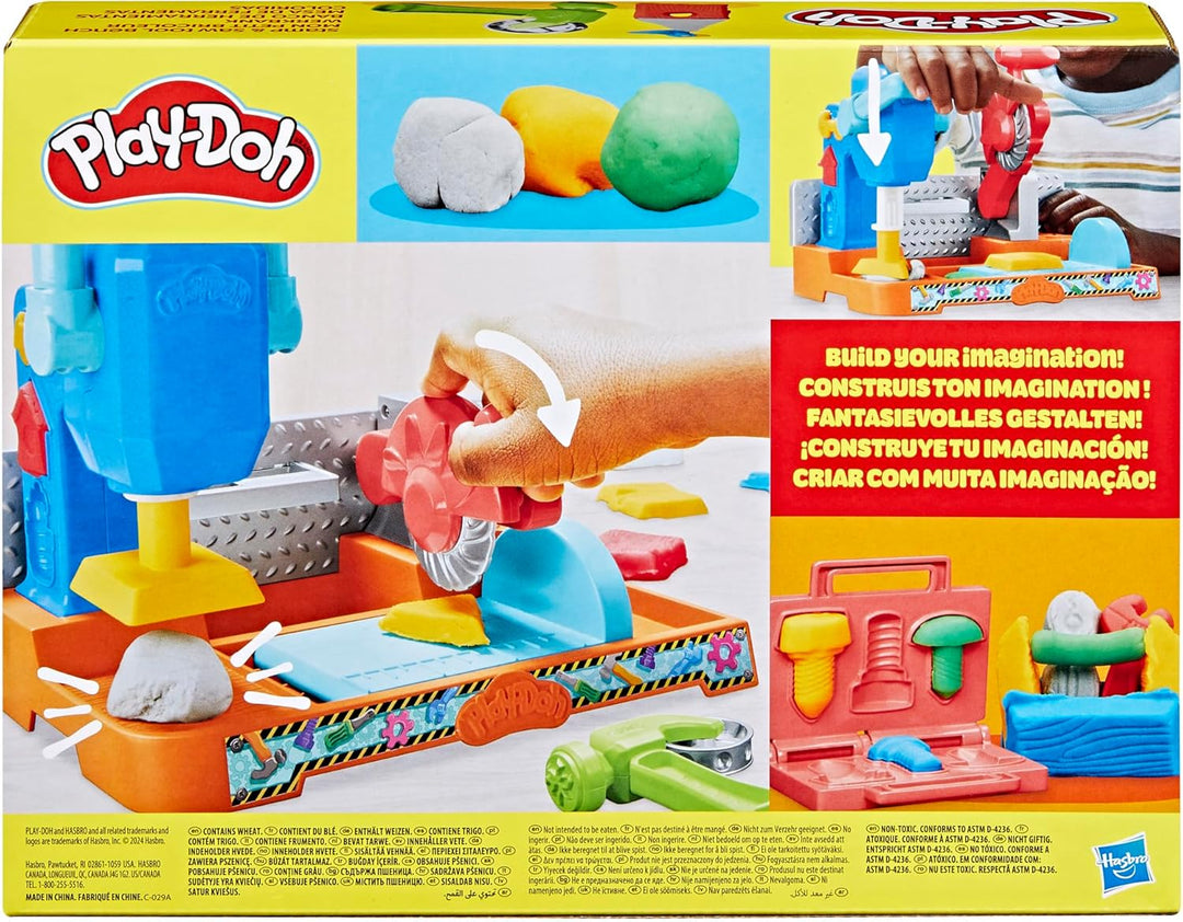 Play-Doh Werkbank Spielset, 5 x 56 g Dosen Modelliermasse in bunten Farben, mit Kreissäge-Spielzeug,