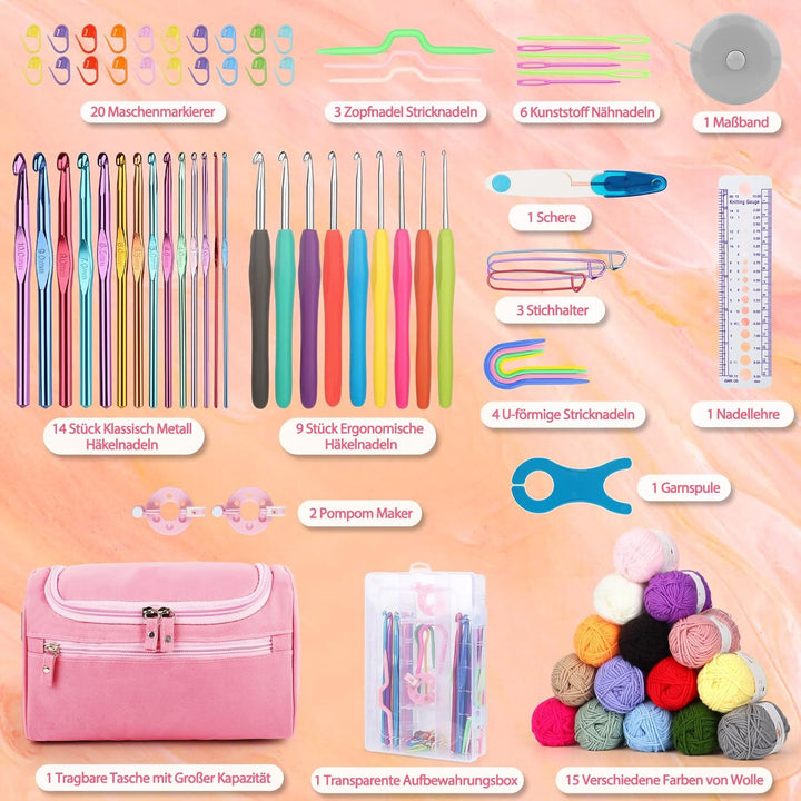 Coopay Tragbar Häkelset für Anfänger, Häkelnadel Set mit 15 Wolle, Tasche, Häkelzubehör, Ergonomisch