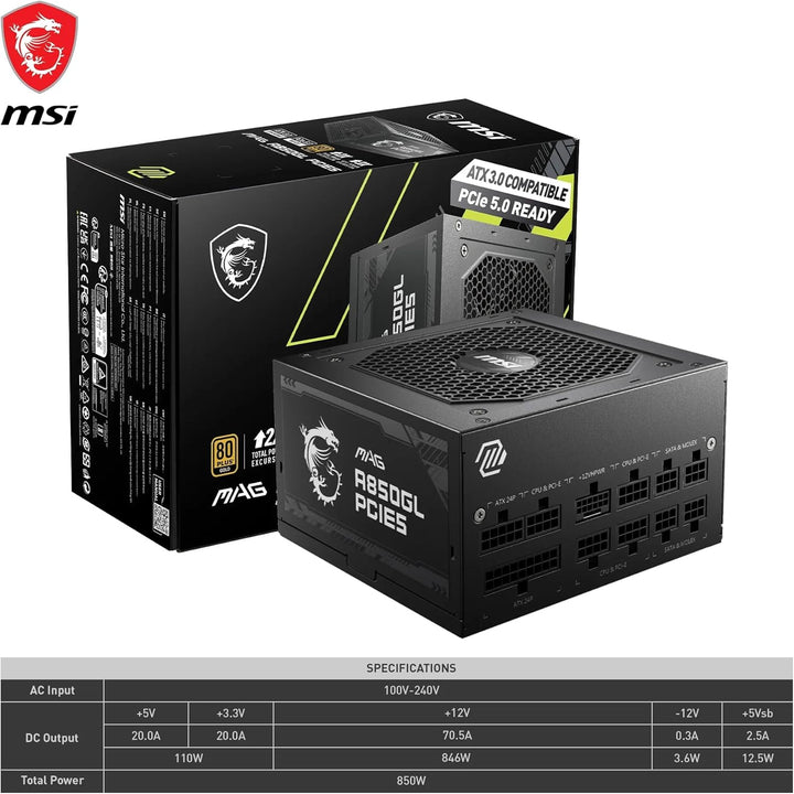 MSI MAG A850GL PCIE5 Netzteil, 850W, 80 Plus Gold, voll modular, ATX 3.0, unterstützt PCIe 5.0 GPU,