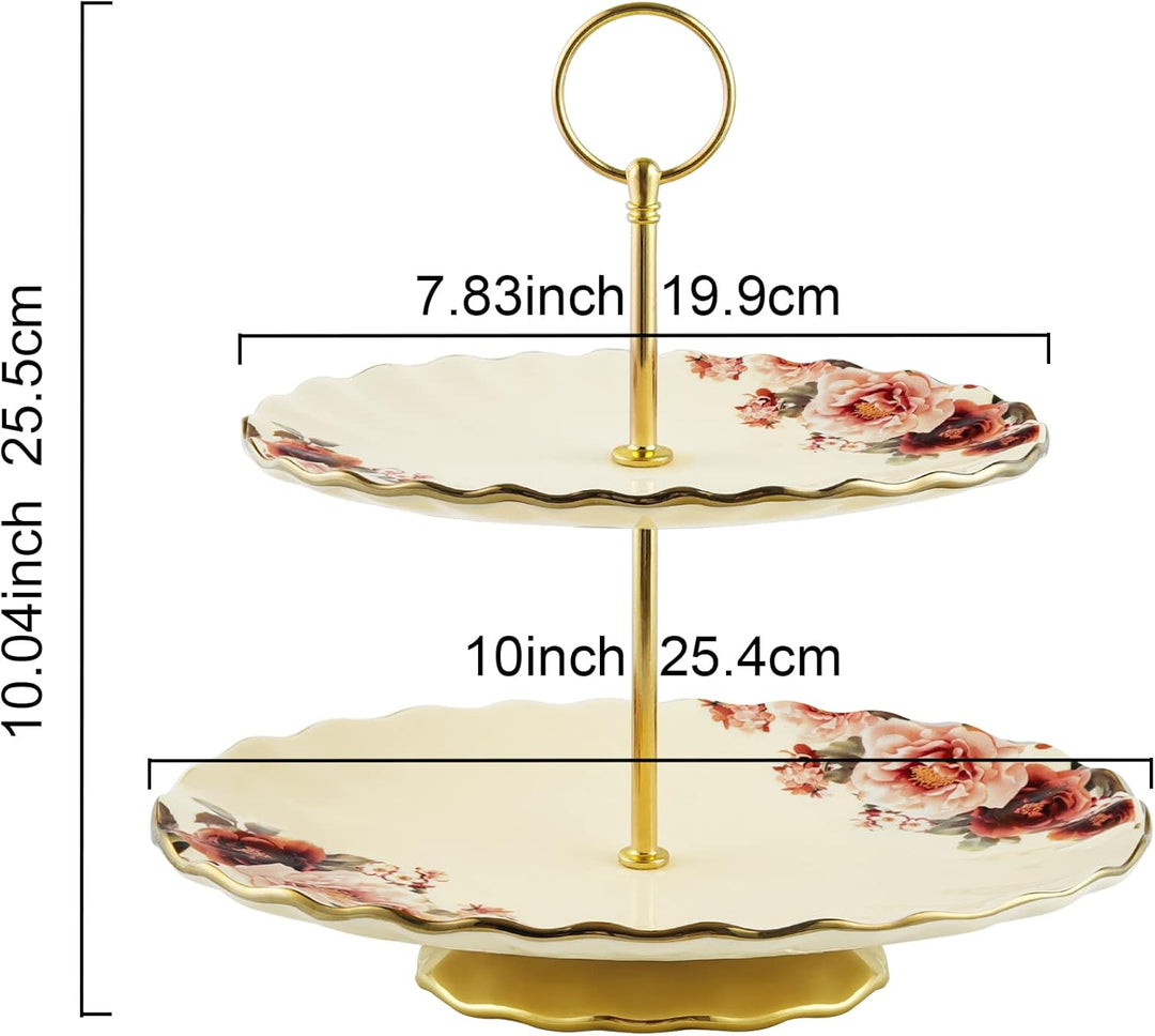 fanquare 2 Stöckig Gold Etagère aus Keramik, Porzellan Tortenständer, Obst und Cupcake Ständer, Serv