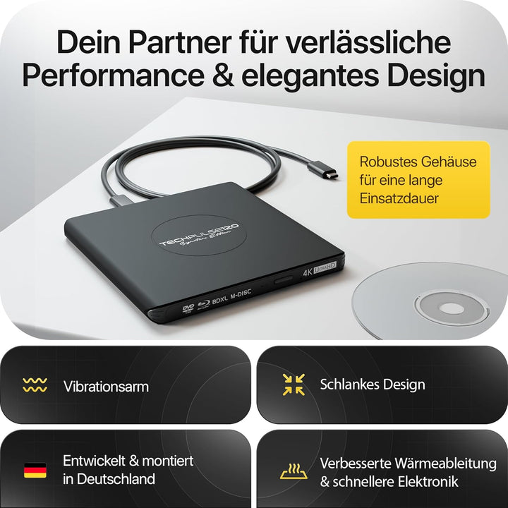 techPulse120 Externes USB 3.1 USB-C UHD 4k 3D M-DISC Blu-ray DVD CD HDR10 128GB Laufwerk Brenner Bur