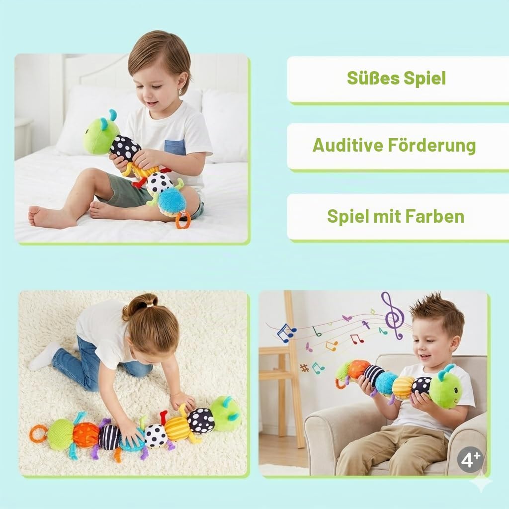 Raupe Plüschtier Spielzeug, Baby Spielzeug 0 3 6 Monate, Sensorik Raupe Mit Greifling, Rassel, Spieg