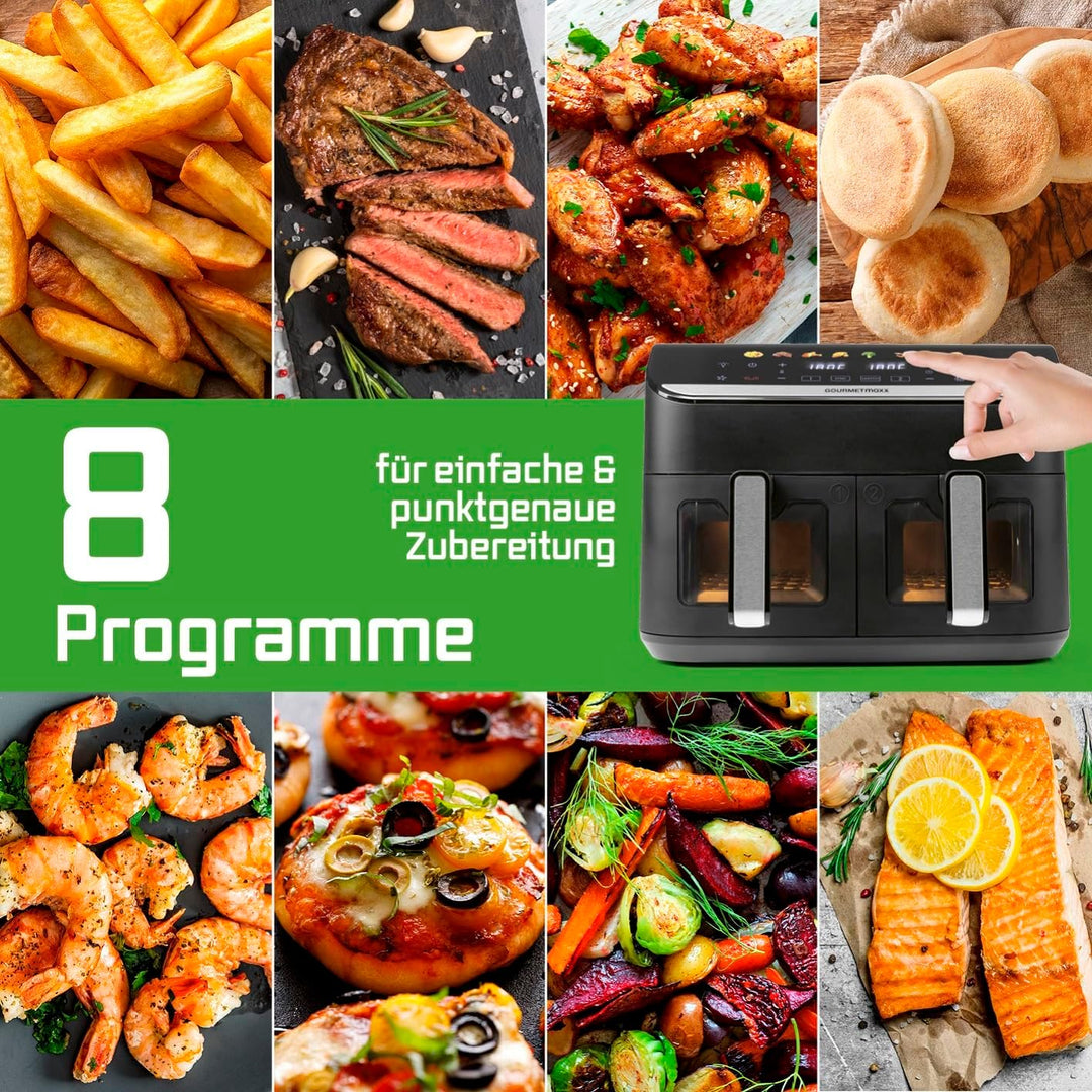 GOURMETmaxx AirGenius Heissluftfritteuse, 9 L - 2 x 4,5 L Airfryer | Fritteuse mit 8 Programmen | He