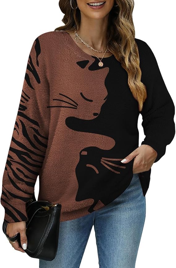 Janein Damen Pullover Oversize Lang Strickpullover Herbst Winter Rundhals Sweater mit Blumenmuster W