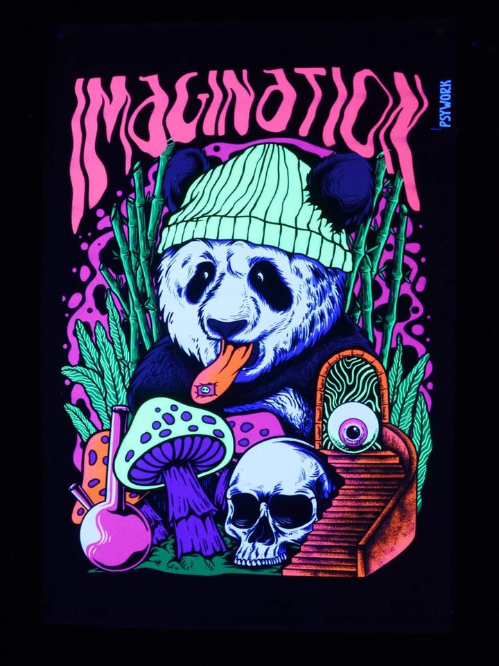 PSYWORK Schwarzlicht Stoffposter Neon | Imagination Panda | 0,3 x 0,45m | UV-aktiv | fluoreszierend