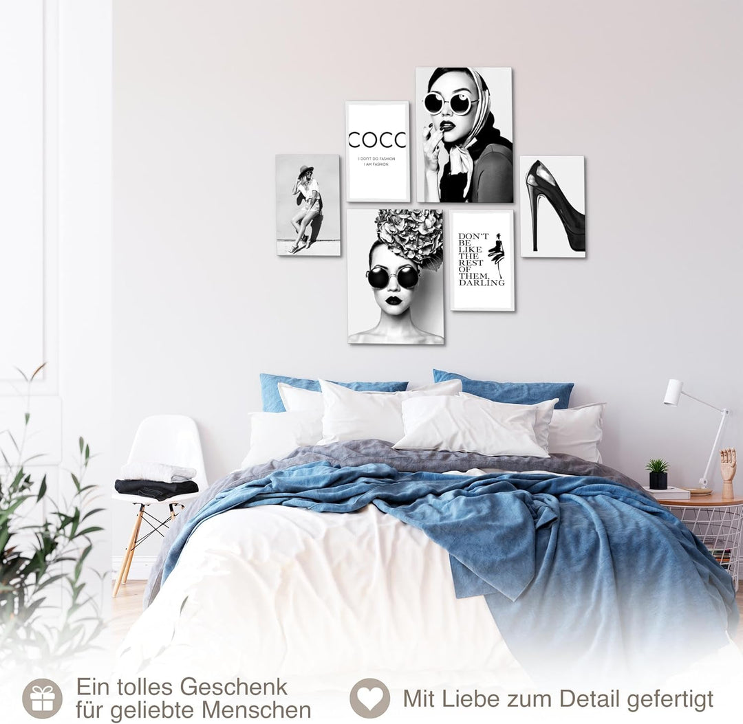 Novart Wandbilder Set Coco Fashion Schwarz Weiss - KEIN EXTRA RAHMEN BENÖTIGT - Modern Deko - Wohnzi