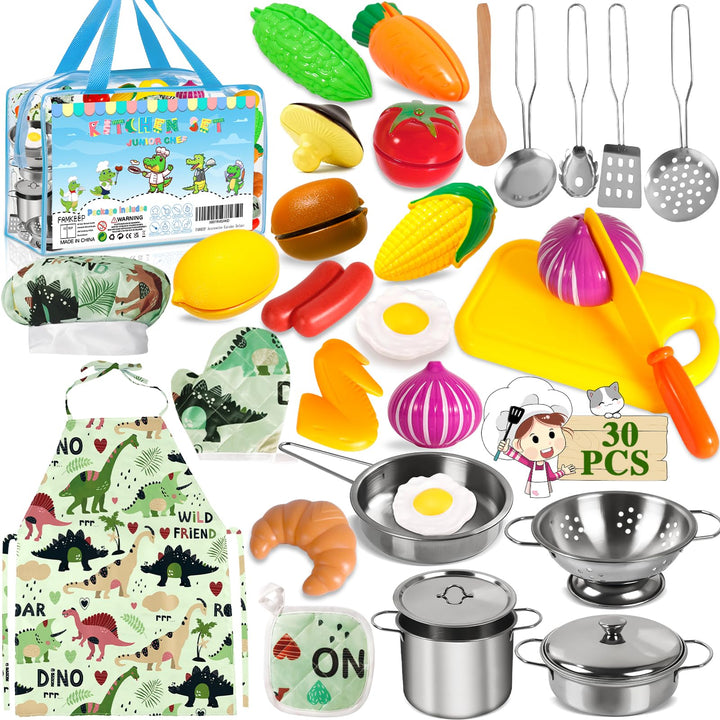 FAMKEEP 30Pcs Küchenspielzeug Zubehör Kinderküche Kochgeschirr Pfannenset Schürze und Kochmütze für