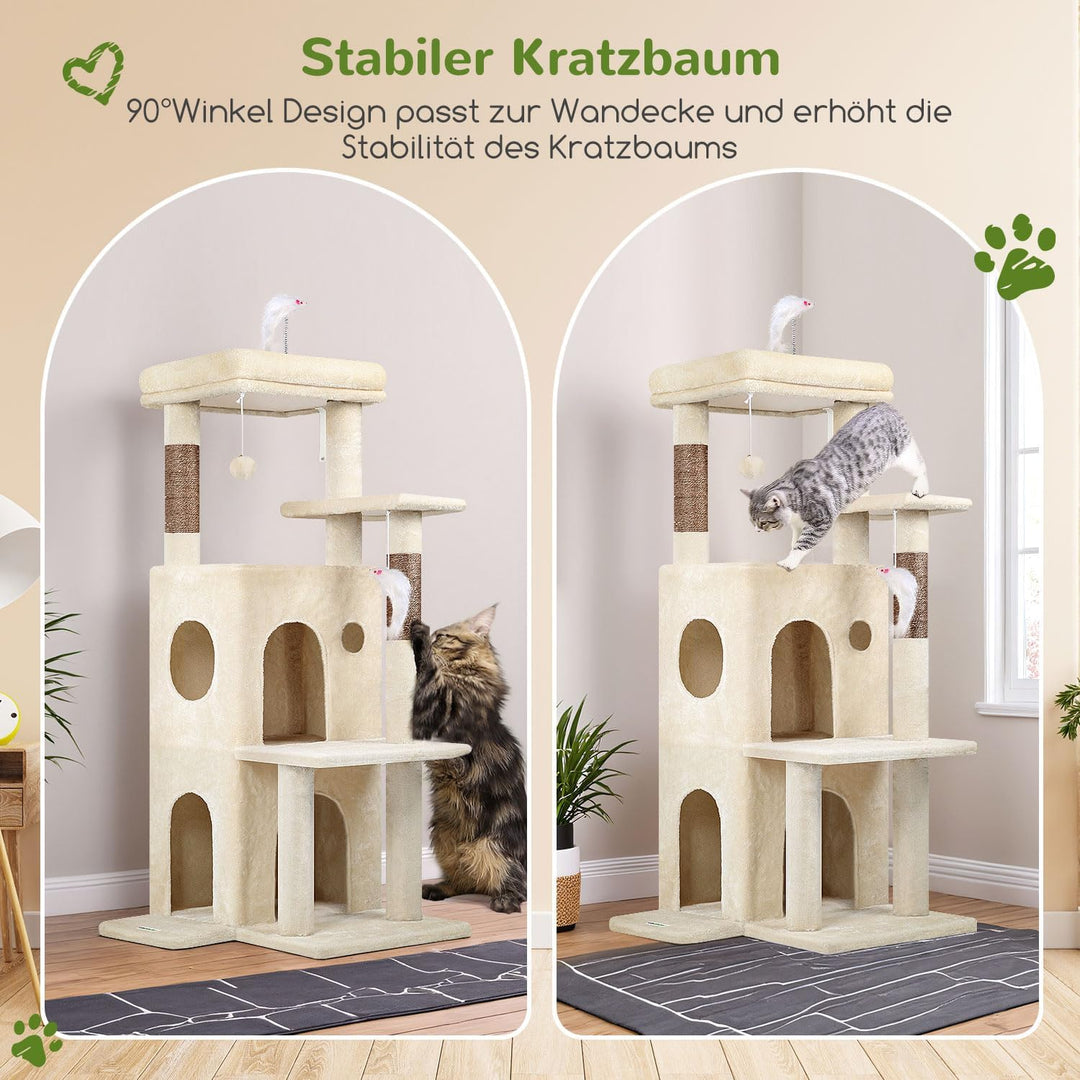 Globlazer Kratzbaum Beige Stabil mit Grosse Basis Katzenhaus Gepolsterte Plattform Plüsch Katzenspie