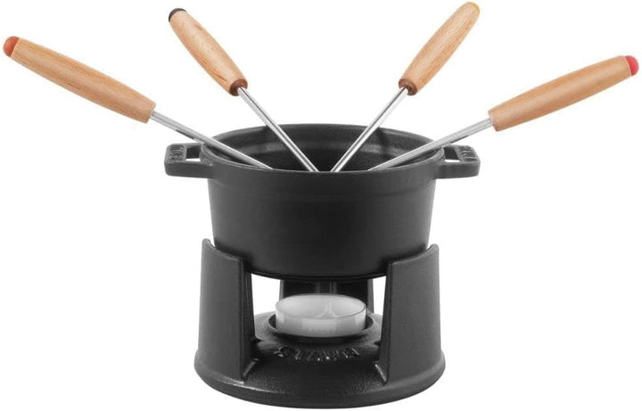 Staub Mini Fondue Set (10 cm, 0,25 L mit mattschwarzer Emaillierung im Inneren des Topfes) schwarz,