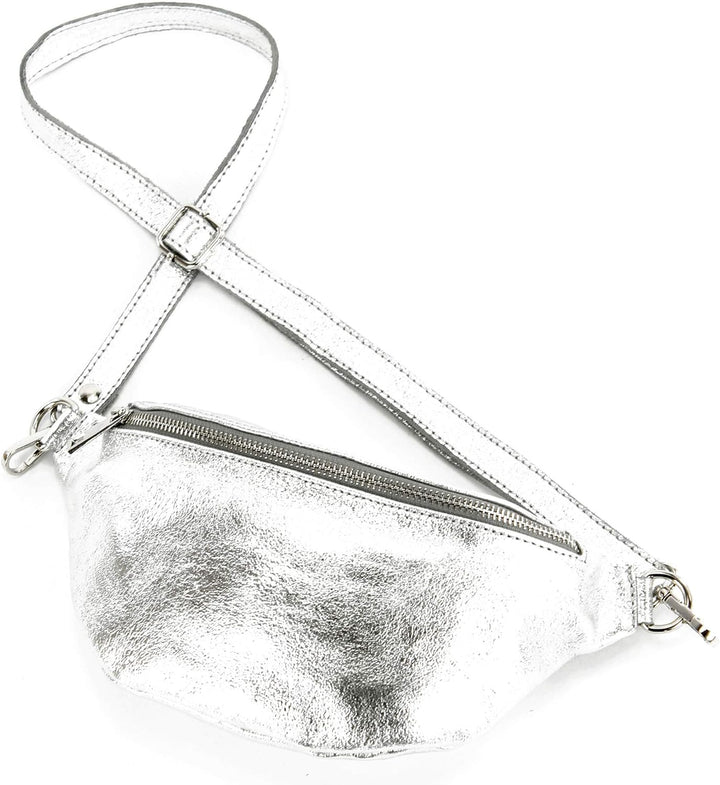 modamoda de - T211 - ital. Hüfttasche Bauchtasche Brusttasche Medium aus weichem Leder, Farbe:Silber
