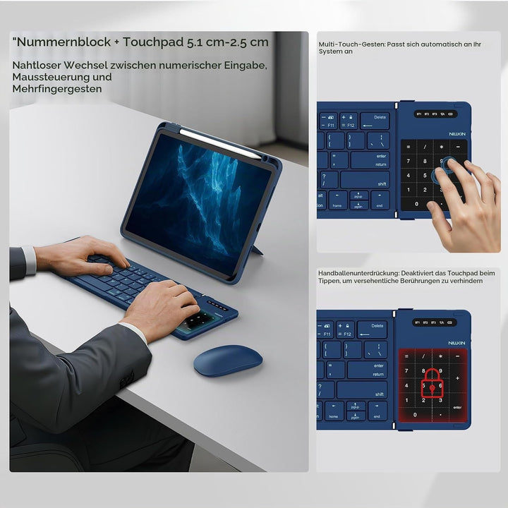 Nillkin Faltbare Bluetooth Tastatur mit Touchpad, kabellose Wiederaufladbare Klapptastatur mit Ziffe